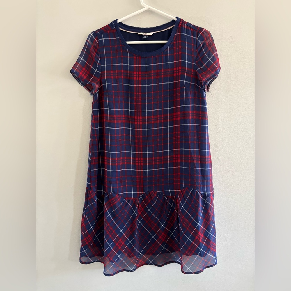 Tommy Hilfiger Navy Red Plaid Short Sleeve Women’s Dress Sheer Scalloped Sz. XS